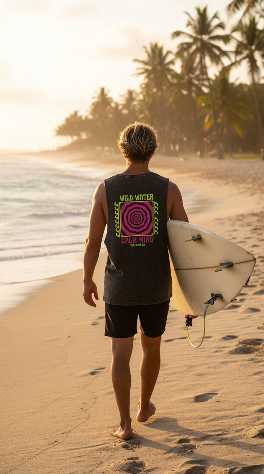Stonewash Tank Top - "Wild Water Calm Mind" Neon Surf Graphic