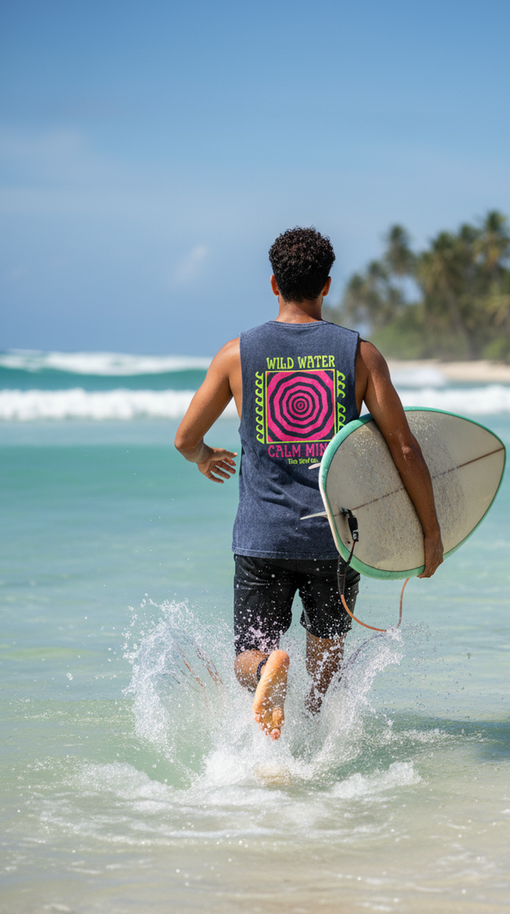 Stonewash Tank Top - "Wild Water Calm Mind" Neon Surf Graphic