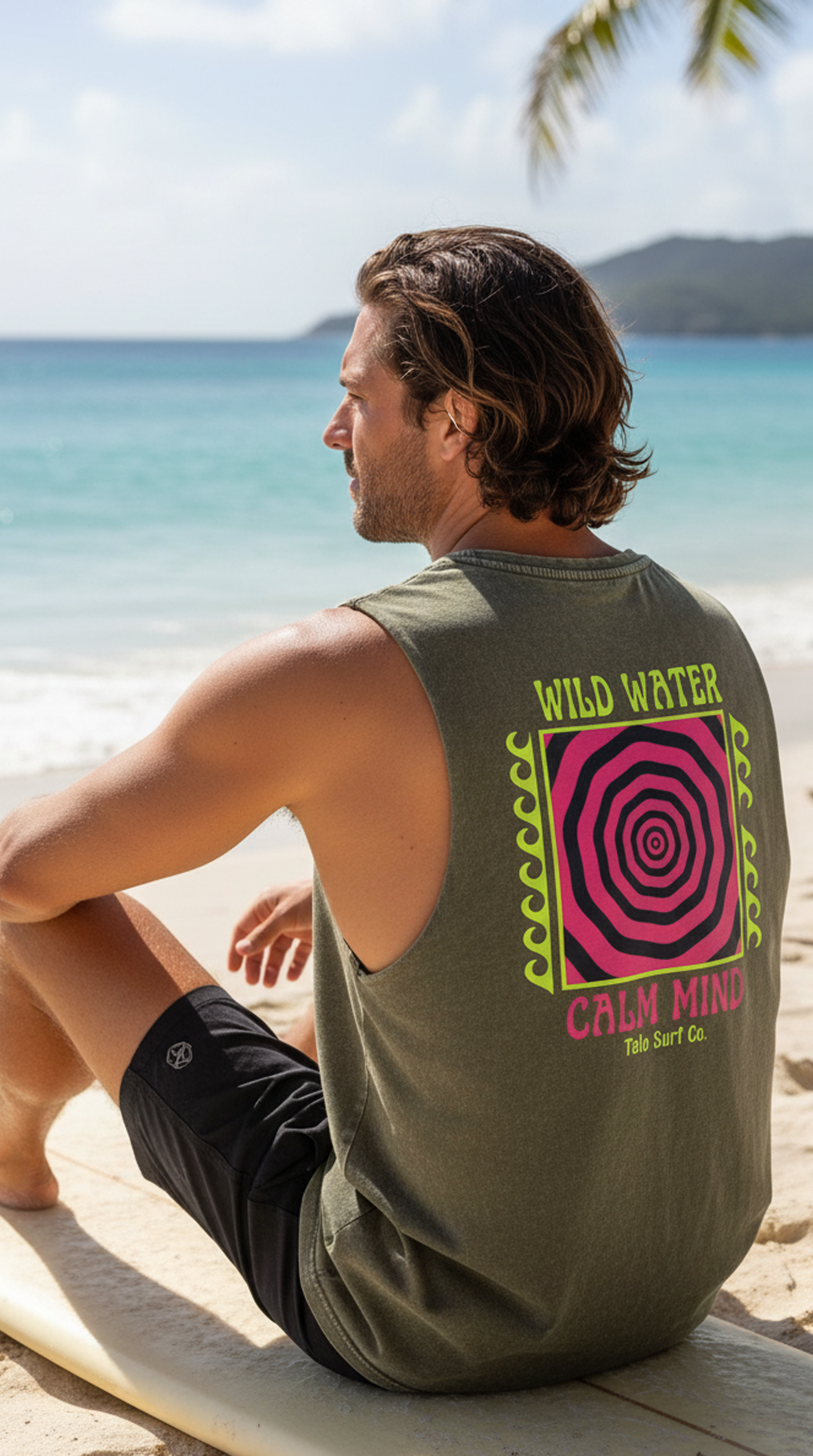 Stonewash Tank Top - "Wild Water Calm Mind" Neon Surf Graphic