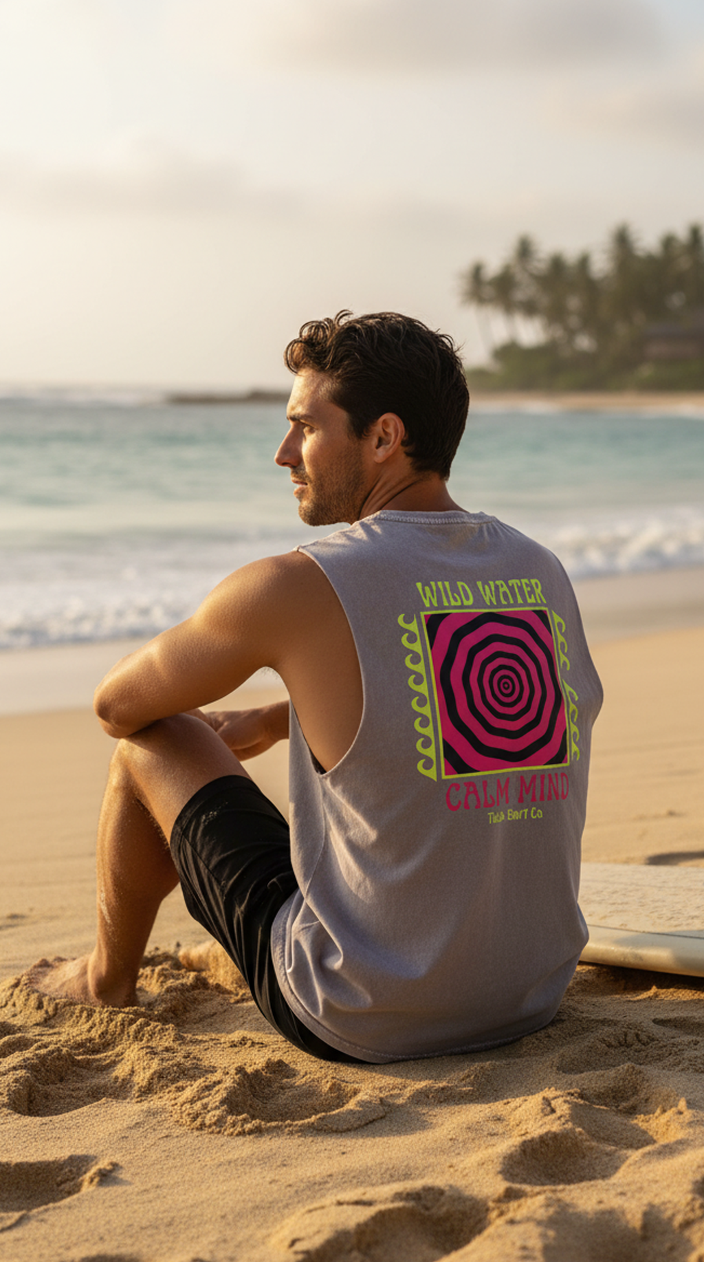 Stonewash Tank Top - "Wild Water Calm Mind" Neon Surf Graphic