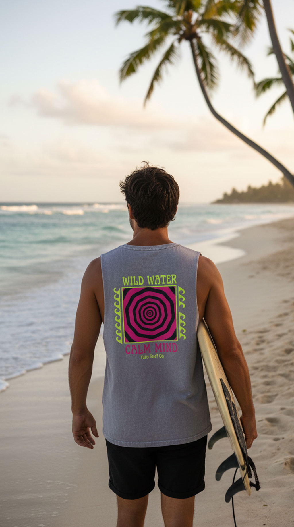 Stonewash Tank Top - "Wild Water Calm Mind" Neon Surf Graphic
